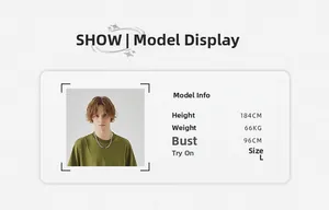Size chart showing model info for loose fit green t-shirt with height and weight specs