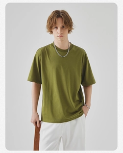 Detailed close-up of olive green crewneck t-shirt with dropped shoulder and soft fabric texture