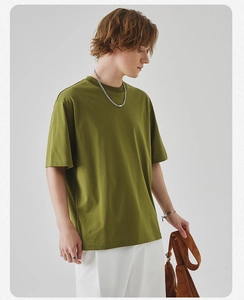 Detail view of olive green men's loose fit crewneck T-shirt with premium cotton texture