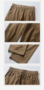 Detailed views of brown cotton cargo pants showing elastic waist and durable twill fabric