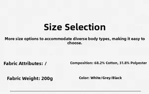 Detalles de tela: peso 200g, 68,2% algodón, disponible en colores blanco, gris y negro