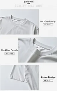Detalle del cuello redondo, costuras reforzadas y dobladillo liso de una camiseta blanca básica