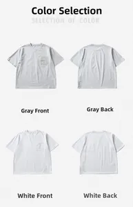 Detalle de la camiseta de algodón con bolsillo en el pecho y cuello redondo en gris y blanco