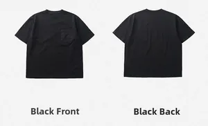 Vista frontal y trasera de una camiseta negra de algodón con cuello redondo y bolsillo al pecho