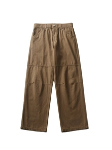 Brown cotton double knee cargo pants with high waist elastic band and straight leg cut
