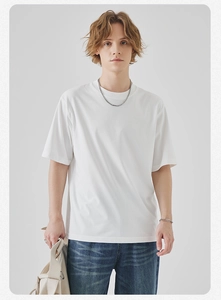 Close-up of men's white crewneck t-shirt in oversized fit with soft cotton texture