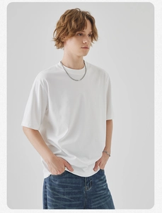 Detail of white cotton crewneck t-shirt with modern casual fit and soft texture