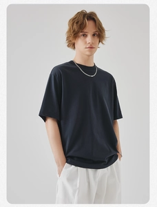 Detail of the navy blue crew neck t-shirt showing the shoulder seam and fabric texture