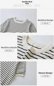 Detail van de geribbelde ronde hals en elastische manchetten op het gestreepte shirt