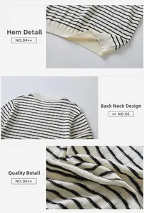 Detailopnames van de halslijn, zoom en geweven textuur van het gestreepte gebreide shirt