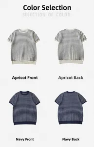 Voor- en achteraanzicht van gebreide t-shirts met korte mouwen in abrikoos en marineblauw