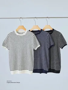 Heren Gestreepte Korte Mouw Gebreid T-Shirt Slim Fit Ronde Hals Casual Dun Gebreid Topje Voor Heren Zomer Mode