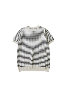 Gebreid T-shirt met korte mouwen en strepen voor heren met ronde hals in crème-zwart