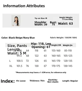 Detailed size guide and fabric specifications for loose wide-leg casual women trousers