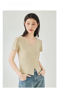 Close-up of khaki V-neck slim fit knit top with button detail and a small side slit hem