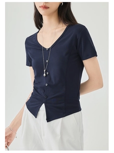 Detail of navy V-neck short sleeve T-shirt with front buttons and side slit hem design