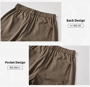 Dettaglio dei pantaloni marroni con elastico in vita e cuciture delle tasche posteriori