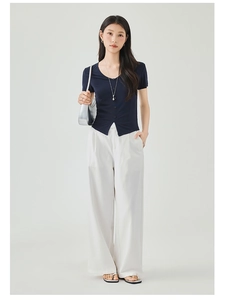 Slim fit dark blue V-neck short sleeve cardigan paired with white high-waist wide-leg pants