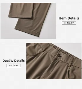 Dettaglio dei pantaloni kaki con orlo cucito ed elastico in vita con bottone