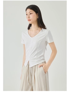 Detail of white V-neck slim-fit T-shirt with button accents and soft knit texture