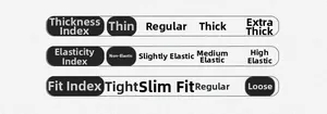 Guida alle taglie che descrive il tessuto sottile, non elastico e la vestibilità ampia