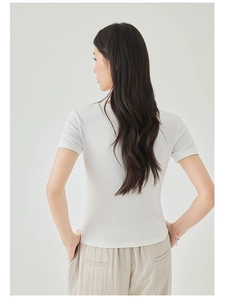 Slim fit white V-neck short sleeve T-shirt for women shown from the back view
