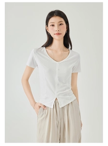 Close-up of white V-neck slim fit T-shirt with small buttons and high-quality ribbed fabric