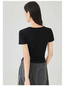 Rear view of slim fit black V-neck t-shirt highlighting high-quality fabric and tailoring