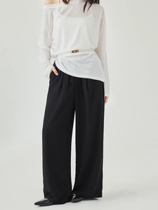 Women's minimalist black high-waist wide-leg trousers with drawstring and soft drape