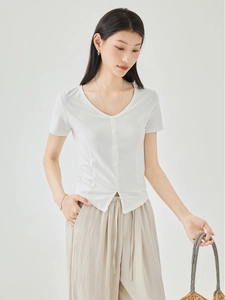 Slim fit V-neck short sleeve white T-shirt with front buttons and minimalist design