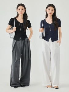 Slim fit V-neck knit short sleeve top with high-waisted wide-leg trousers outfit