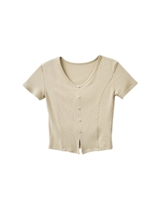 Slim fit V-neck short sleeve crop top with button front in light khaki finish