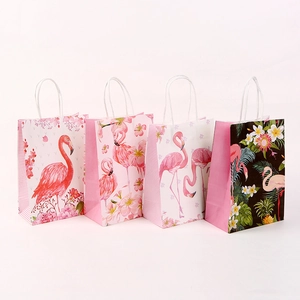 Tropical Flamingo Kraft Paper Gift Bag With Handles Floral Pattern Shopping Tote For Wedding Party Favors Decorative Bag