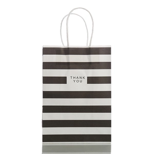 Modern black and white striped kraft paper gift bag with Thank You print and white handles