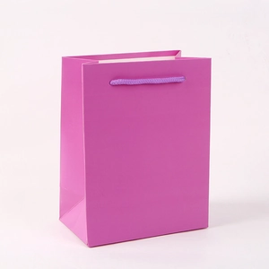 Violet paper gift shopping bag with matching woven rope handles on soft background