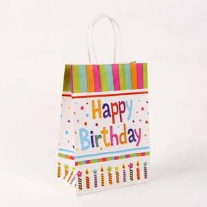 Colorful Happy Birthday kraft paper gift bag with candles and white twisted rope handles