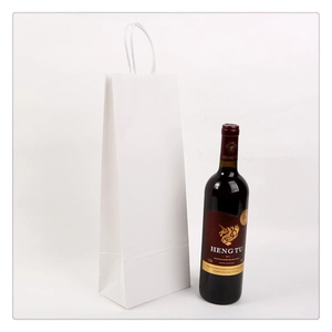 White kraft paper wine gift bag with sturdy rope handles for 750ml wine bottles