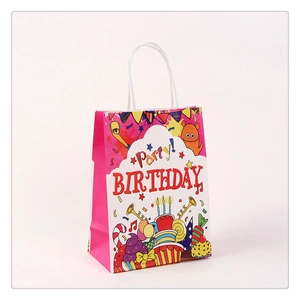 Colorful Kraft paper birthday gift bag with Party text and handles on white background