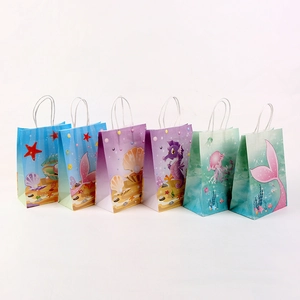 Kraft Paper Ocean Theme Party Gift Bags Mermaid Tail Starfish Printed Favor Handbags With Handles For Birthday Party Jewelry
