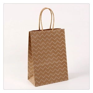 Eco-friendly brown kraft paper shopping bag with white wavy pattern and twisted handles