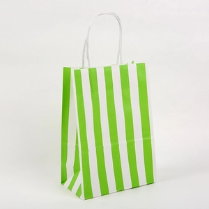 Vertical green and white striped kraft paper gift bag with white twisted rope handles