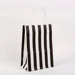 Vertical black and white striped paper gift bag with white twisted rope handles and serrated edge