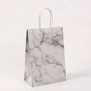 Premium marble pattern kraft paper gift bag with white rope handles for retail shopping