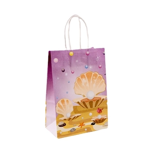 Cartoon ocean themed kraft paper gift bag with shell print and white twisted handles