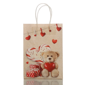 Kraft paper gift bag with teddy bear and heart design, perfect for Valentine's Day