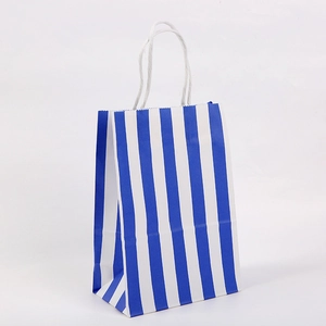 Vertical blue and white striped kraft paper gift bag with durable white rope handles