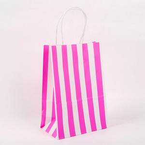 Vertical rose red and white striped kraft paper gift bag with white rope handles