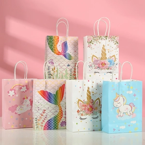 Cartoon Unicorn Mermaid Theme Paper Gift Bags Dreamy Rainbow Fish Tail Pattern Candy Packaging Handbags For Birthday Party Celebration Kids