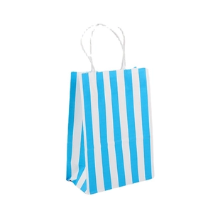 Vertical blue and white striped kraft paper gift bag with durable white rope handles