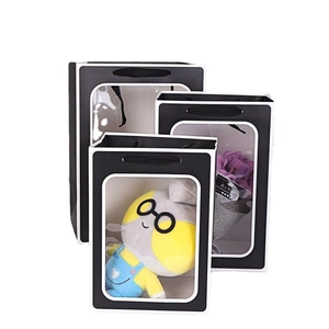 Three-piece black gift bag set with large clear PVC window and handles for flowers and gifts